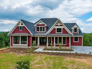 Fototapeta premium This is a large red country house with shingled roof, situated in the countryside. It features wooden windows and doors, a stone front porch, and a brick wall.