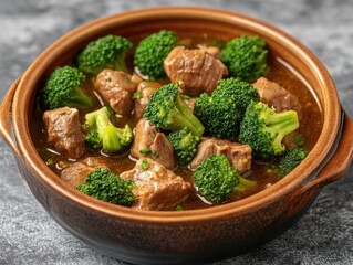Beef and broccoli in a rich brown sauce, served in a wooden bowl for a warm, satisfying meal.