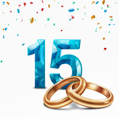 A light blue faceted number 15 with golden wedding rings in the foreground, surrounded by colorful confetti, on white background, symbolizing the celebration of the fifteenth wedding anniversary.
