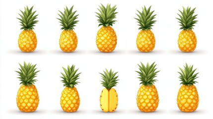 Ten pineapples with green leaves, one sliced in half, arranged in two rows