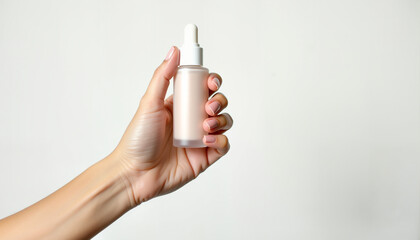 Hand holding skincare serum bottle against white background