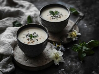 Two cups of creamy soup on a table with herbs, garnished with a sprig of parsley. Perfect for light meals or desserts.