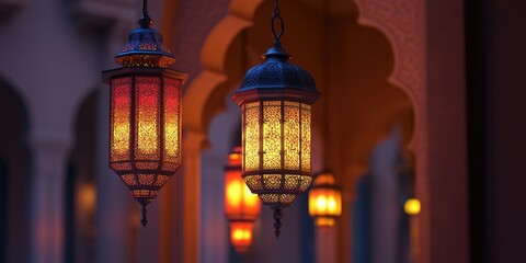 Obraz premium Vibrant lanterns illuminate an ornate Arabian-style alleyway in Marrakech, Morocco. The evening ambiance is captured with a focus on the intricate designs of the lanterns and architecture.