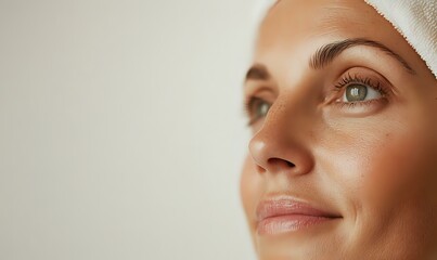 Caucasian woman with glowing skin wearing white head wrap gazes upward with serene expression, showcasing natural beauty and spa wellness concept.