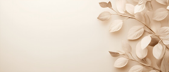 minimalistic, beige, old paper colour background with branch with leaves; one-color creamy elegant spring background; copy space