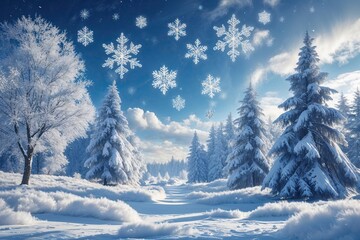 Obraz premium Enchanting Winter Landscape with Delightful Snowflakes and Soft Snow Cover