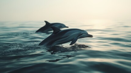 Naklejka premium Dolphins leaping gracefully in ocean waters at sunset