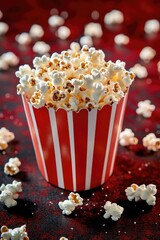 A paper bucket of popcorn with a vibrant red and white striped design, often associated with cinema or theater concessions. A popular snack for movie-goers.