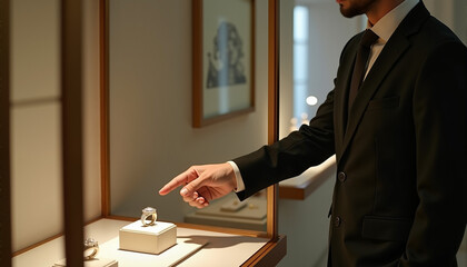 Man in suit selecting a luxury ring in a jewelry store