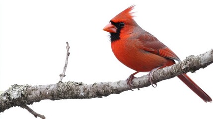 Fototapeta premium Vibrant male cardinal perched on branch against white background