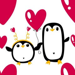 Valentines cute animals in love seamless penguin and heart pattern for 14 February wrapping paper and fabrics