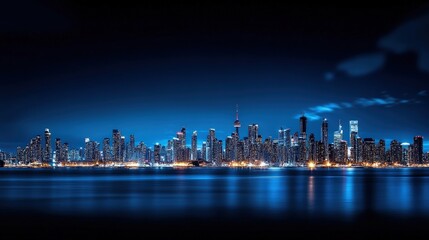 Obraz premium An illuminated city skyline at night, showcasing modern skyscrapers reflected in calm waters. The vibrant blue hues create a serene and captivating urban atmosphere.