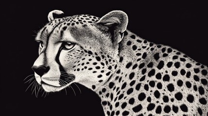 A cheetah, with a focused gaze and wide nostrils. The image is monochromatic with high contrast.