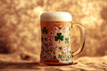 St. Patrick's Day theme beverage with clovers and flowers on glass.