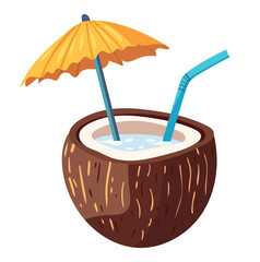 Cocktail in coconut. Vector clipart illustration on isolated background.