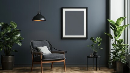 Cozy modern living room with empty frame, armchair, and green potted plants