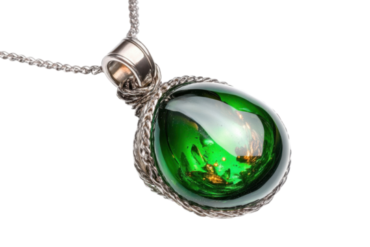 A beautiful green gemstone pendant on a delicate silver chain against a simple backdrop isolated on transparent background