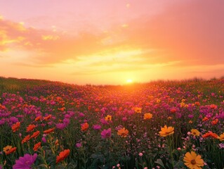 Fototapeta premium Vivid wildflowers in a meadow at sunset. Soft focus and warm lighting create a peaceful, picturesque landscape.