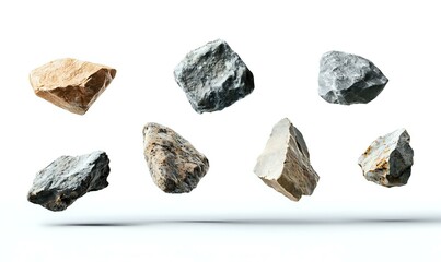 Fototapeta premium Floating mineral rocks and stones collection on white background, raw geological specimens arranged in line showing natural texture and structure.