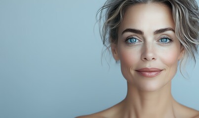 Fototapeta premium Mature Caucasian woman with natural makeup, blonde hair and blue eyes smiling confidently against light blue background. Clean skincare and beauty portrait.