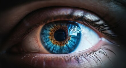 Close-up of a human eye with blue iris and detailed patterns