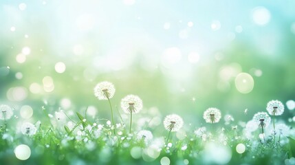 Obraz premium Dewy Dandelions in Sunny Meadow, Spring