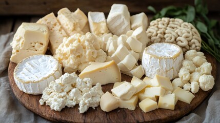 A selection of gourmet cheeses arranged on a wooden cutting board, ready to be enjoyed as an appetizer with crackers and wine.