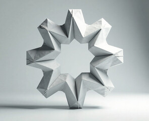 A colossal gear, meticulously crafted from intertwined origami cranes, symbolizing teamwork, perfectly lit against a stark white studio backdrop.