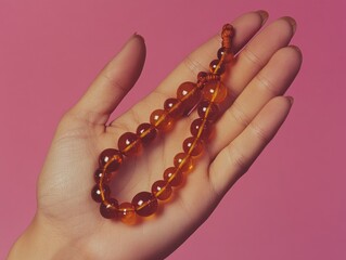 Hand holding rosary with amber-colored beads, possibly used for prayer or as a religious item.