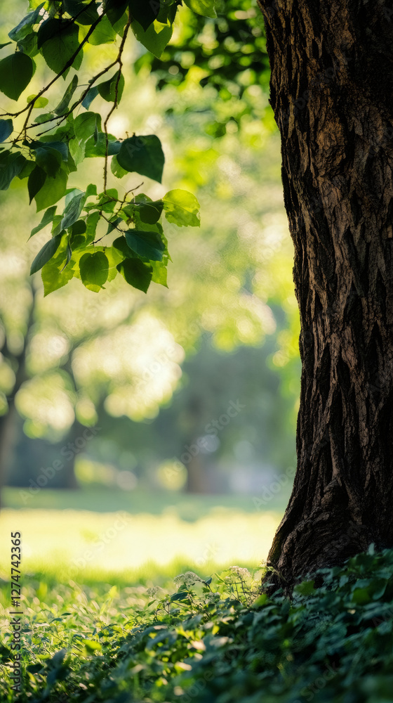 Poster sunlight filtering through verdant foliage casting soft shadows on grassy park ground, evoking calm 