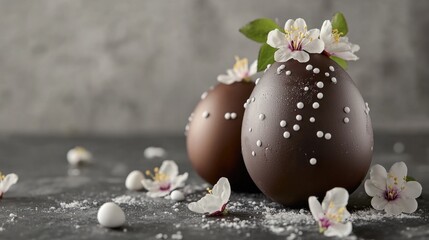 Chocolate eggs covered in powdered sugar and sprinkled with peppermint leaves, symbolizing spring and sweet treats.