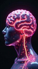 A colossal, translucent brain crafted from interwoven neon light tubes, pulsating with vibrant colors against a stark black void. Gleaming, abstract geometric forms surge from the brain, embodying the