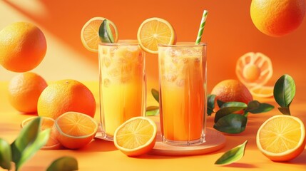 Fototapeta premium Refreshing orange juice with ice in two glasses surrounded by fresh oranges on orange background