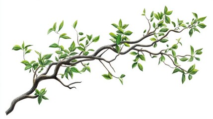 Fototapeta premium Lush green branch with twisting vines and leaves on white background