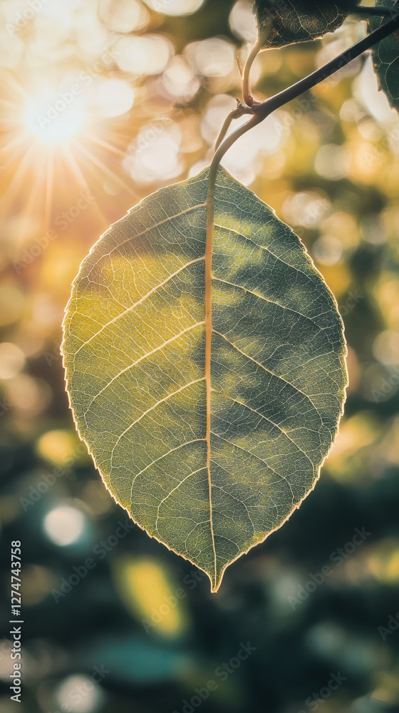 Poster Sunlight streaming through verdant leaf veins, casting delicate luminous patterns across softly blended green background
