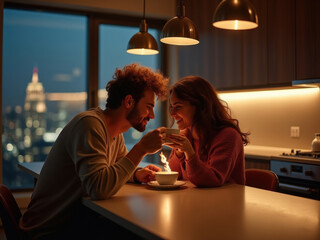 Adorable pareja joven disfrutando de una taza de café en una cocina moderna por la noche

