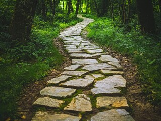 A winding stone path disappears into the mist of a foggy, early morning forest.