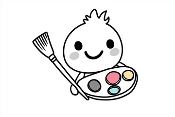 Obraz premium Tiny paintbrush with a happy face, holding a small palette.