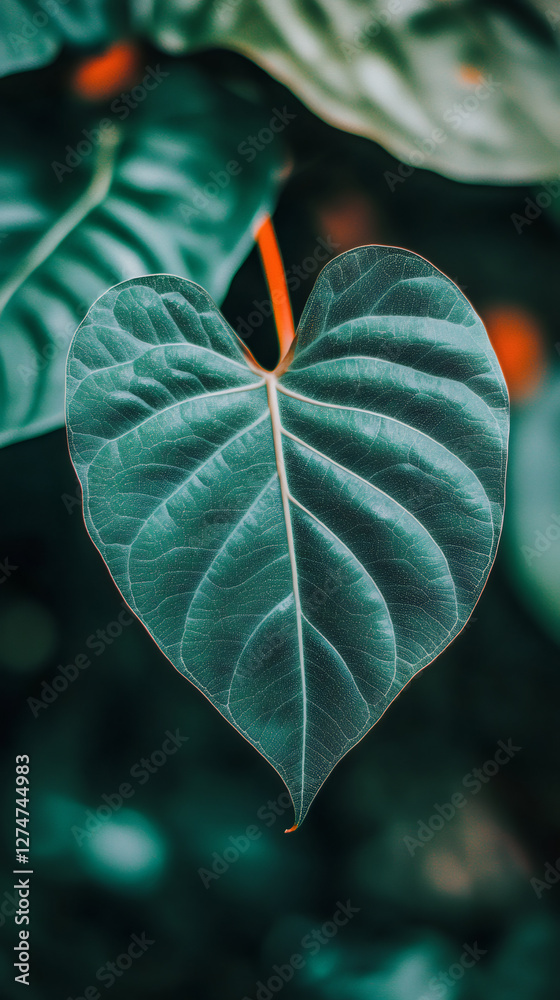 Poster close-up of a heart-shaped green leaf with visible veins hanging from a red stem, creating a beautif