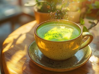 Matcha green tea latte with glowing holographic health benefits, cozy cafe setting, soft natural light, photorealistic