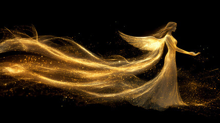 Ethereal angelic figure with flowing golden wings and radiant light. Transcendent Light Beings. Illustration