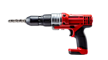 Red and Black Cordless Power Drill with Metallic Drill Bit, Ideal for Home Improvement, DIY Projects, and Professional Construction Work.

