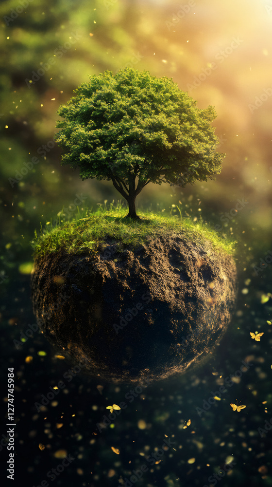 Poster miniature planet hovering amid starry darkness, solitary tree representing environmental vulnerabili