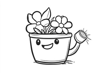Baby flower pot with a smiling face, holding a small watering can.