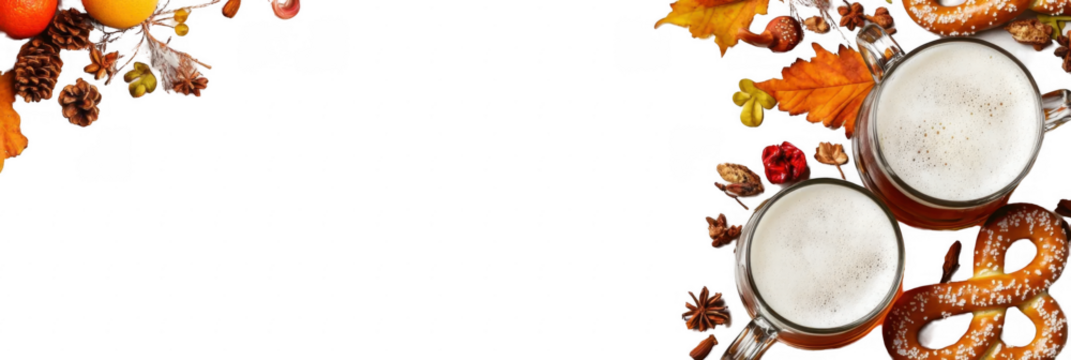 Vibrant autumn design featuring beer mugs and pretzels with seasonal elements for creative projects and themed events