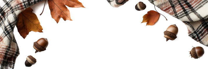 Minimalist top view design featuring isolated autumn leaves and acorns with ample transparent background for creative use