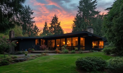 Modern black house with large windows surrounded by trees and sunset sky in serene neighborhood setting