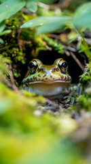 Fototapeta premium Verdant frog nestling within mossy hideaway, camouflaging amid dense forest foliage and verdant greenery