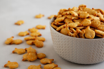 Mini Goldfish Crackers with Sea Salt in a Bowl, side view.