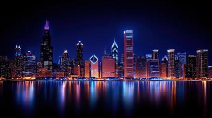 Fototapeta premium A stunning nighttime view of a vibrant city skyline, illuminated by colorful lights reflecting on the calm water, showcasing modern architecture and an energetic urban landscape.